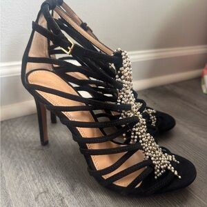 LIKE NEW Tory Burch Mariel Black Suede Leather Cage Heels with Faux Pearls | 7M